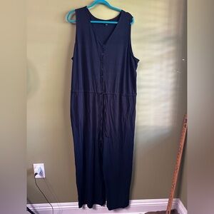 J Jill Wearever Collection Jumpsuit Sz 2X Navy Wide Leg Sleeveless Drawstring